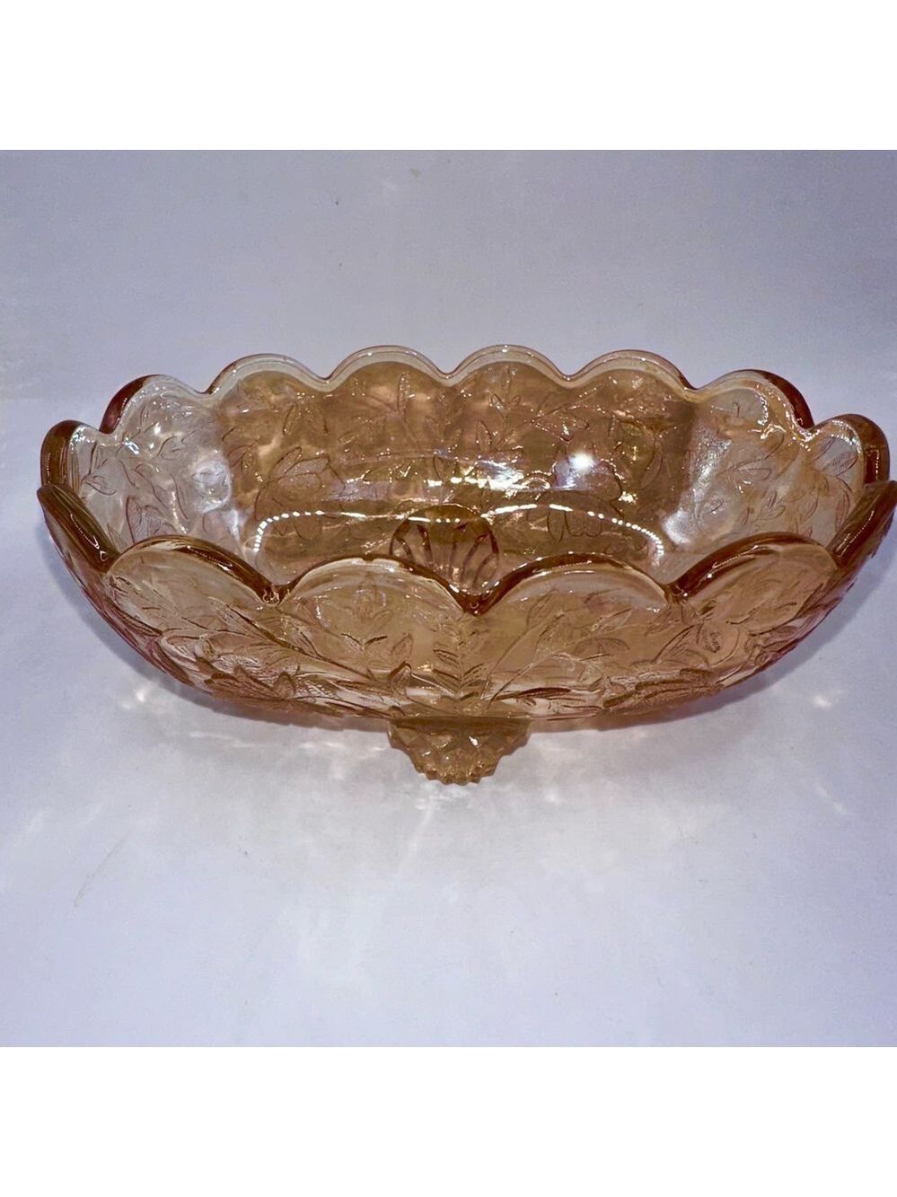 Vintage Marigold Etched Floral Carnival Glass Footed Candy Trinket Dish